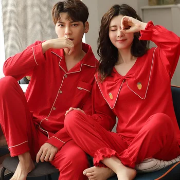 

Couple pajamas winter pure cotton long-sleeved spring and autumn pure wine red ladies winter casual pajamas suit home service