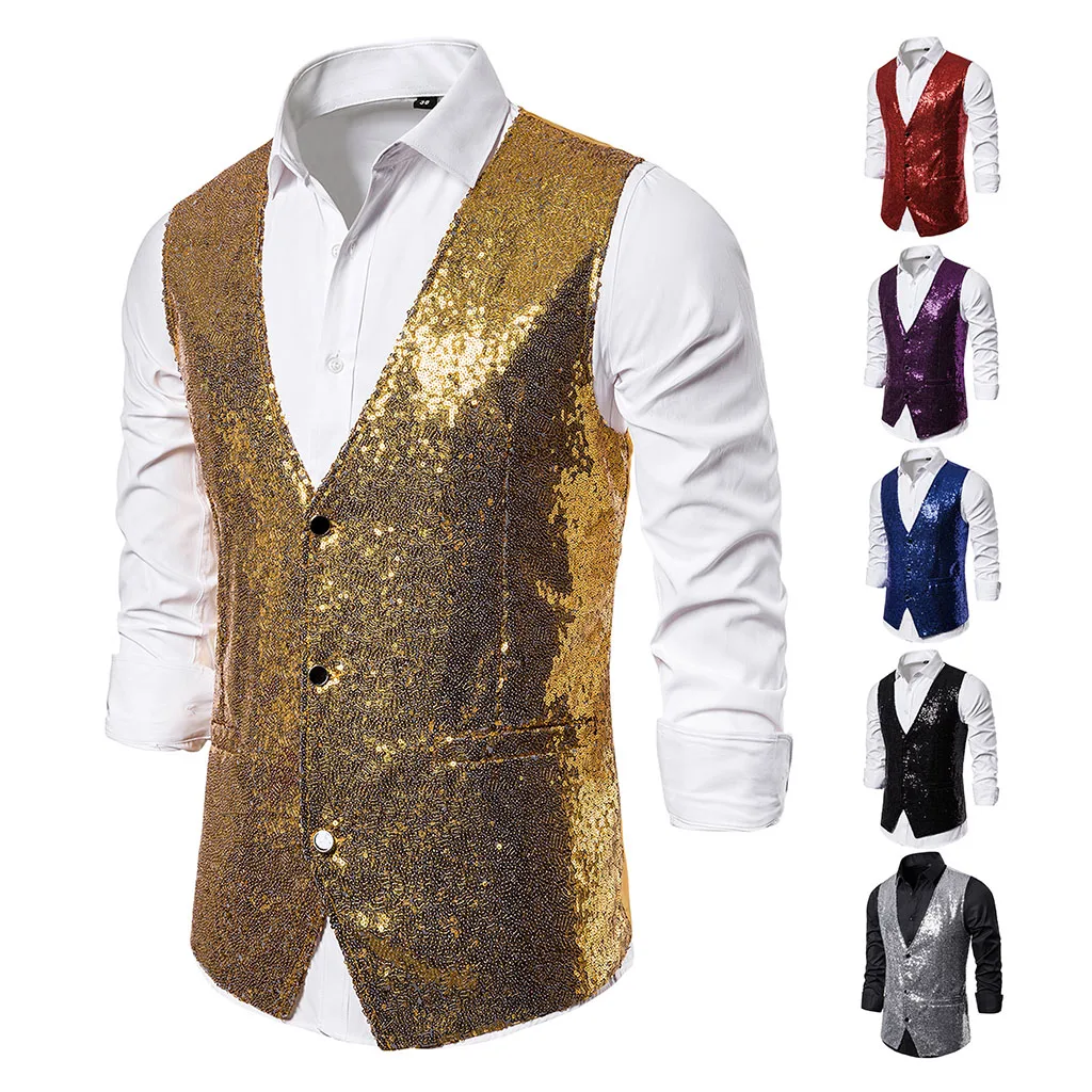 Adisputent Autumn Men Sequin Blazers Vest Gliter Suit Vest Nightclub DJ Stage Shiny Gold Sequin Bling Glitter Vest S-XXL