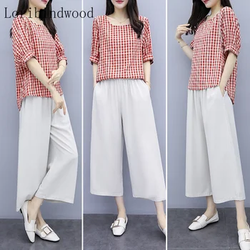 

M-4xl Cotton Linen Two Piece Sets Outfits Women Plus Size Plaid Blouses And Pants Suits Korean Elegant Casual 2 Piece Sets