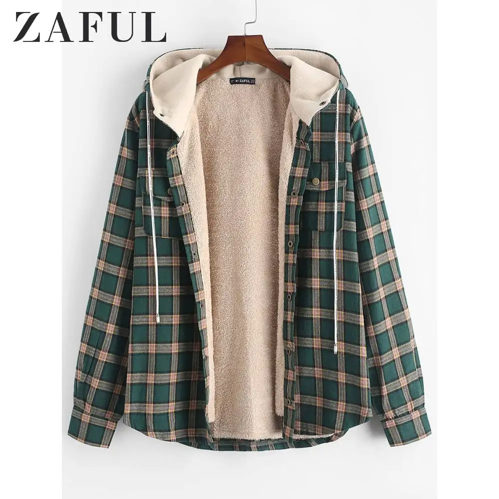 ZAFUL клетчатая куртка с нагрудным карманом флисовая капюшоном для мужчин уличная