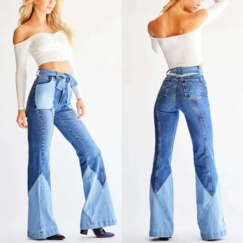 

Muyogrt Flare Jeans Women Patchwork Skinny Wide Leg Jeans High Waist With Pockets Sexy Color Block Jeans Trousers Denim Pants