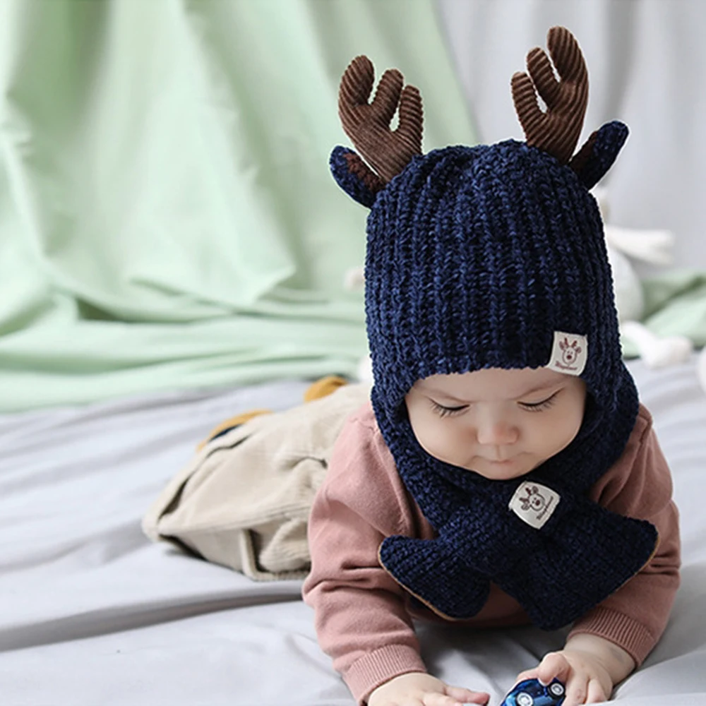 Oeak, зимняя теплая вязаная шапка, шарф, 2 предмета, милые рога, шапки для маленьких мальчиков и девочек, детские вязаные шапочки, хлопковые ветрозащитные шапки