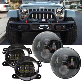 

for Jeep Wrangler 7inch LED Headlights with White DRL/Amber Turn Signal + 4inch LED Fog Lights with