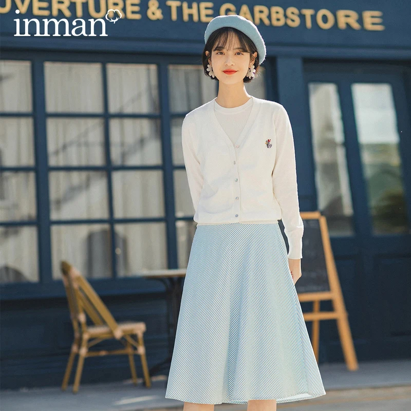 

INMAN 2020 Spring New Arrival Pure and Fresh Literary Girlish Age-reducing Youth Stripe All-match Skirt
