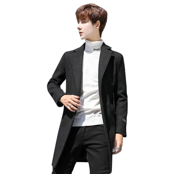 

2019 Autumn and Winter New Mens Solid Color Casual Business Woolen Coats / Mens High-end Brand Slim Long Woolen Coat Male Jacket