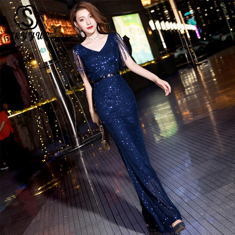 

Skyyue Sequined Tassel Evening Dresses Sleeveless Elegant Formal Gowns Robe De Soiree K048 Plus Size Mermaid Women Party Dresses