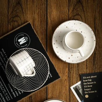 

Nordic Ceramic Turkey Mini 80ml Espresso Coffee Cup and Saucer Set Spoon American Household Checkered Afternoon TeaCupSet of Six