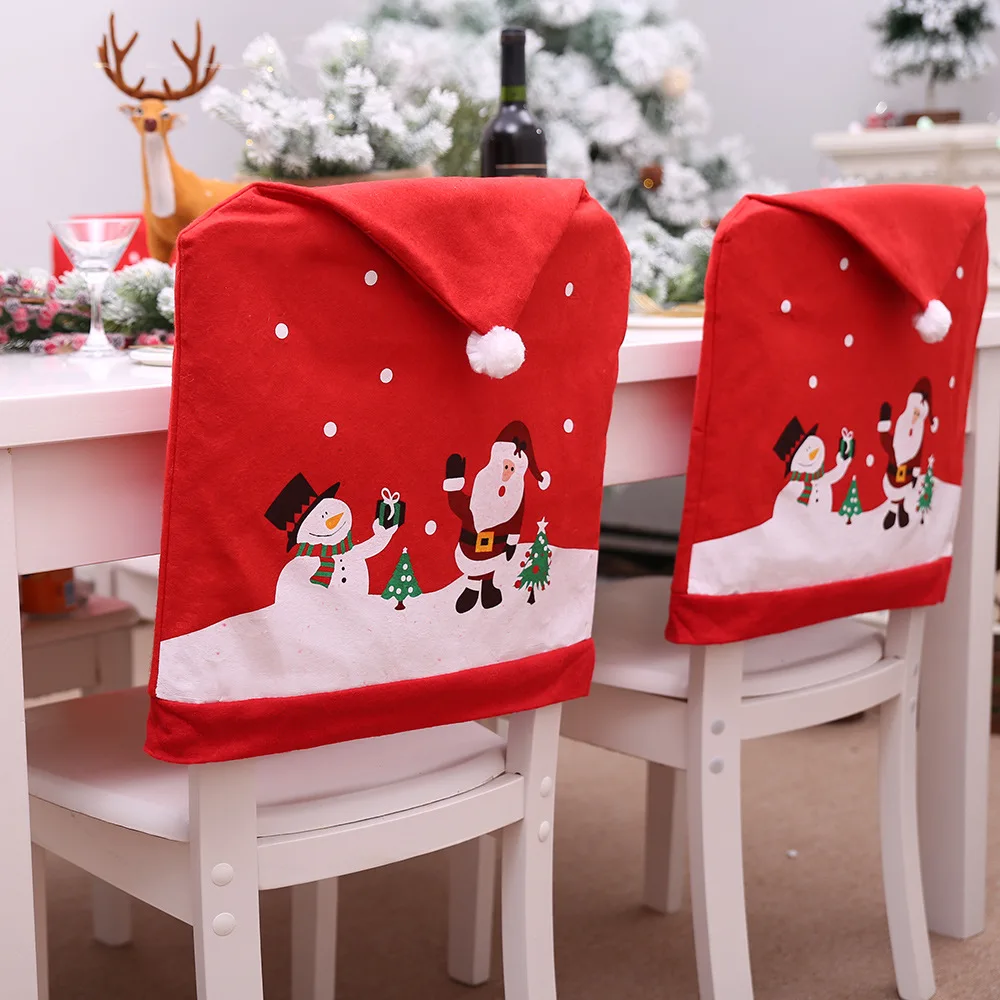 

Santa Claus Christmas Chairs Cover Cap Non-woven Dinner Table Red Hat Chair Back Covers Xmas Christmas Decorations For home