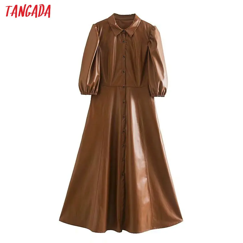 Top Buy magXZ Tangada women brown PU faux leather dress short sleeve retro 2020 fashion elegant office ladies A line midi dress vestido 5Z120 Top Buy magXZ Tangada women brown PU faux leather dress short sleeve retro 2020 fashion elegant office ladies A line midi dress vestido 5Z120