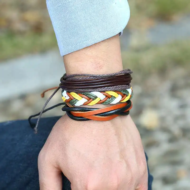 

Vintage Multilayer Leather Bracelet Men Handmade DIY Braided Adjustable Rope Wrap Bracelets Jewellery