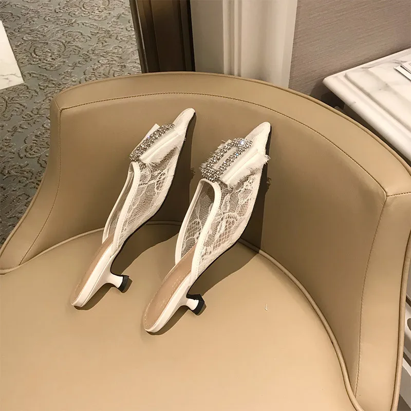 MONMOIRA Kitten Heel Luxury Rhinestone Women Mules Sexy Pointed Toe Heels Shoes Women Elegant Lace Wedding Shoes for Women E0757
