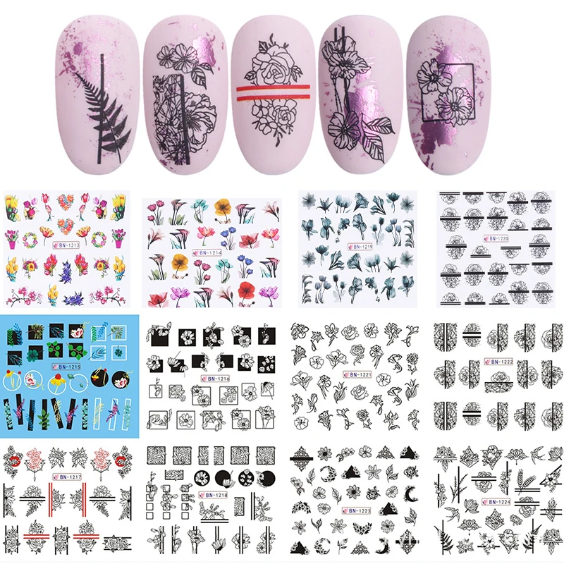 

Designs Nail Stickers Set Mixed Floral Geometric Sexy Girl Nail Art Water Transfer Decals Tattoos Sliders Manicure BB2