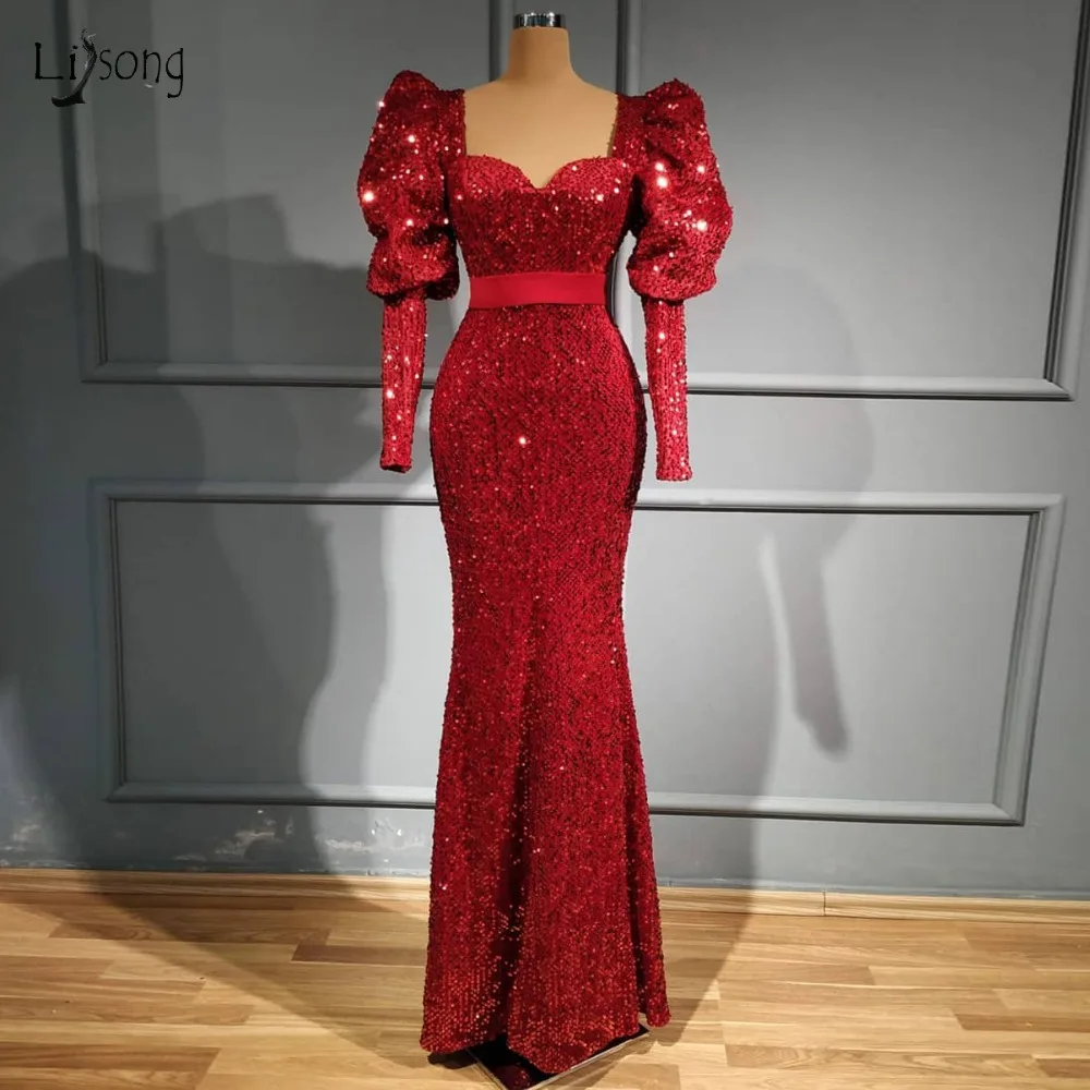 Robe De Soiree 2020 Red Sequined Mermaid Prom Dresses Full Sleeves Modest Evening Gowns Real Image Formal Dresses yellow formal dresses