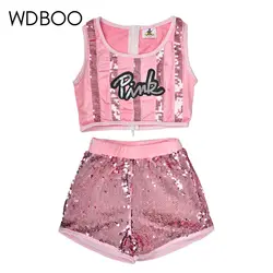 WDBOO девочек хип-хоп джазовая танцевальная одежда блесток Блеск кроп топ шорты 2 шт. Комплект детский топ и низ танцевальный костюм розовый