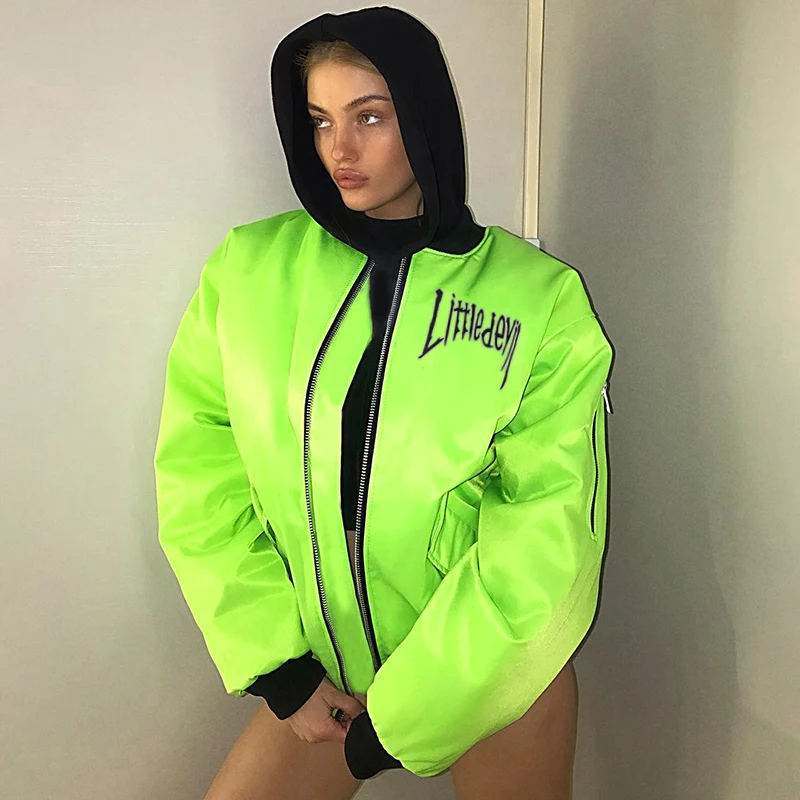 InstaHot/куртка-бомбер с буквенным принтом, пальто, Зимняя Толстая Женская Осенняя куртка на молнии, оверсайз, черная и зеленая байкерская куртка, верхняя одежда