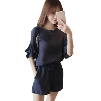 

Summer Women Casual Tee Tops Women Solid Color Loose Clothes Female Two Piece Sets Fashion Waist Elastic Shorts + Crop Tops