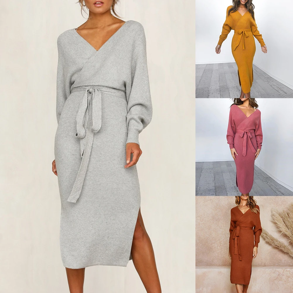 Casual Ladies Dresses Women Long-sleeved V-neck Belted Knitwear Vestidos Ropa Mujer Autumn Sexy Midi Dress Long Knitted Sweaters