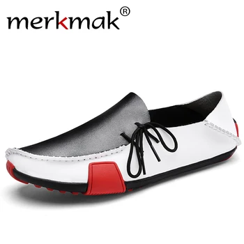 

Merkmak 2020 New Leather Mens Loafers Fashion Shoes Handmade Moccasins Soft Leather Slip on Men's Boat Shoe Plus Size 38-47