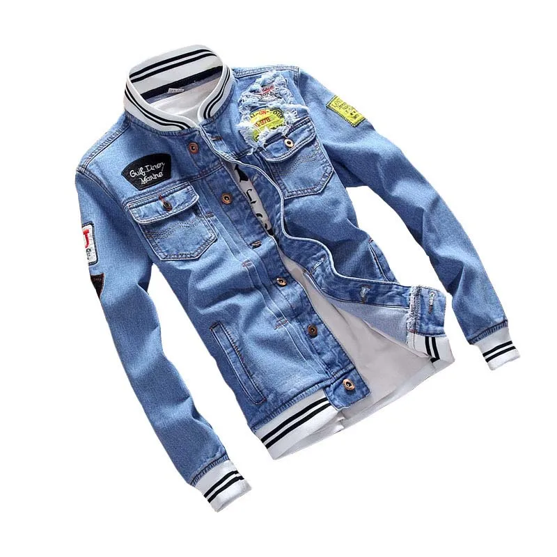 Mcikkny, весенне-осенняя джинсовая куртка, мужские рваные джинсовые куртки в стиле пэчворк, Мужские приталенные хлопковые пальто, светильник синего размера плюс S-5XL