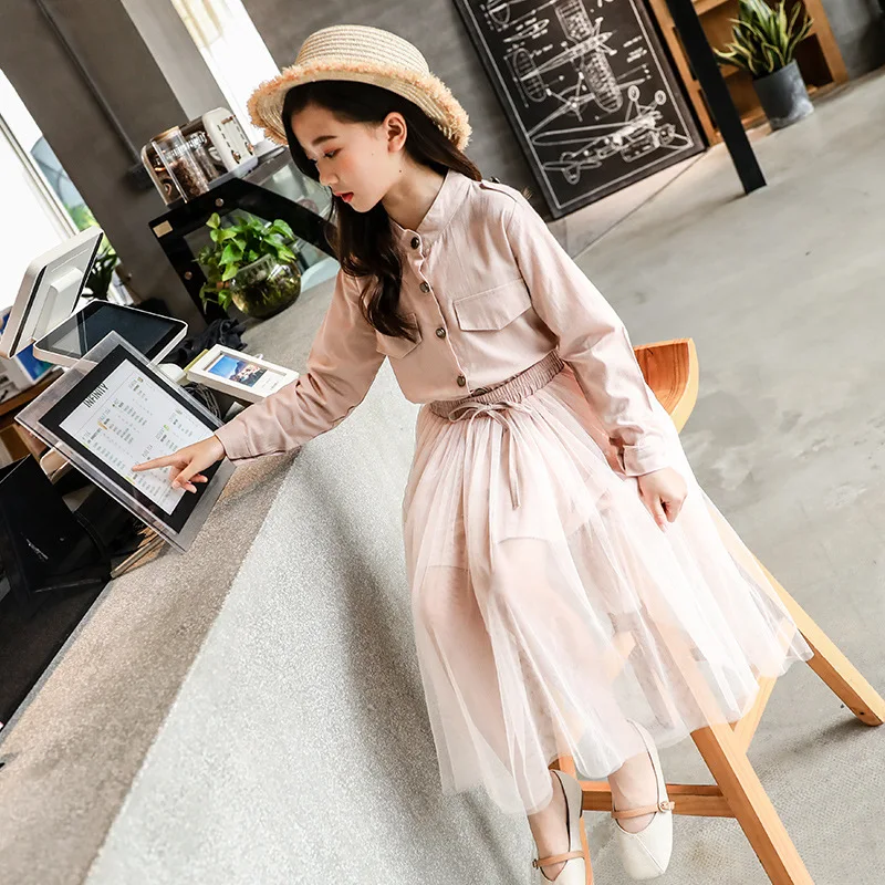 Pale pink Осенняя одежда для девочек детская одежда комплекты одежды с длинными рукавами для девочек-подростков 8, 10, 12 лет, Детская рубашка+ сетчатая юбка принцессы, комплект - Цвет: Pale pink