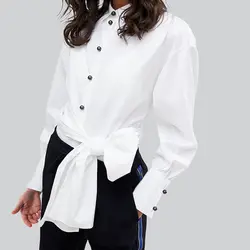 HDY Haoduoyi, просторное с воротником-стойкой, однобортная рубашка, Повседневная однотонная белая рубашка с длинными рукавами