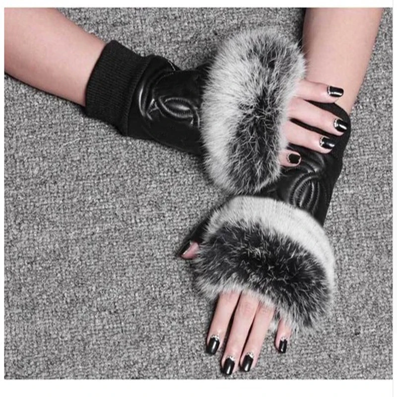 Winter Fashion Brand Famous Celebrities Women Genuine Leather Gloves Real sheepskin Rabbit Fur Fingerless Gloves baby Female