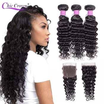 

Peruvian Deep Wave Bundles With Closure Chic Crown 100% Human Hair Weave Bundles With Closure 3 Bundles With Lace Closure