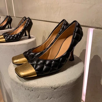 

Famous Brand Shoes Woman 2020 Metal Square Toe Women Pumps Leather Shallow High Heels Sapato Feminino Slip On Ladies Party Shoes