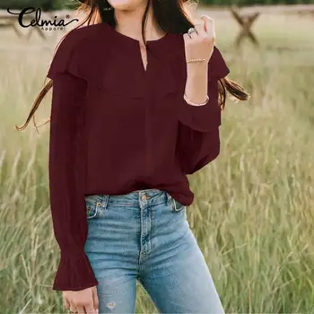 

Celmia Women Ruffles Tops Long Sleeve Perspective Blouse Spring Buttons Female Casual Loose See Through Sexy Blusas Work Shirts