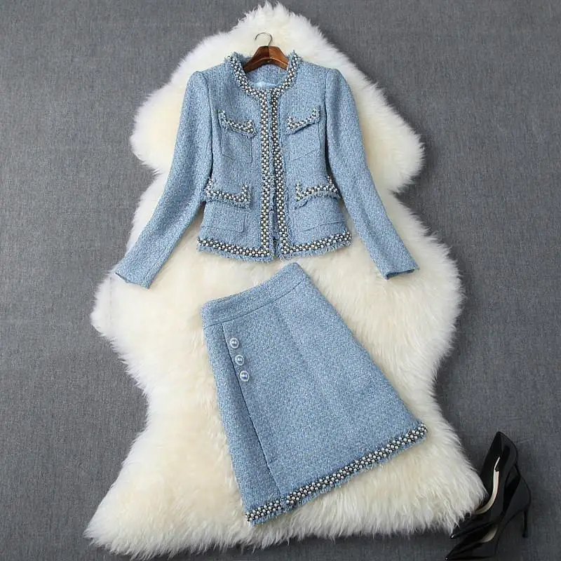 

Autumn Winter Women Formal Tweed Jacket Suit Pearls Beading Small Pocket Mini Skirt Suit Two Piece Outfits