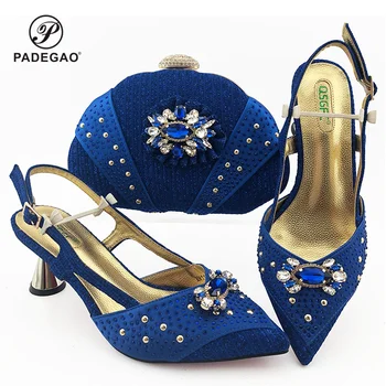 

Hot Selling African Wedges Shoes And Bag Set Italian Design Matching Shoes And Bag Set in Blue For Wedding Party
