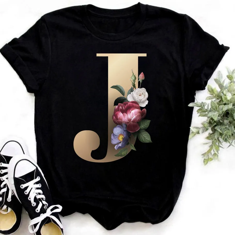 H73b9f0c5983c49e39e87a3fc7efe0130y - Flower Letter Combination T-shirt