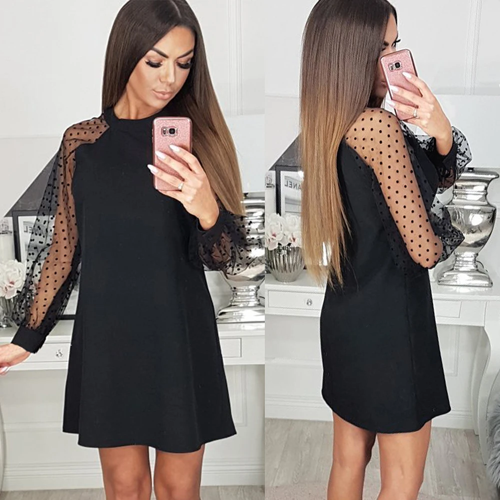 elegant Women Dress Black Round Neck Mesh sleeve polka dot Patchwork black summer party Dress elegant Women Dress Black Round Neck Mesh sleeve polka dot Patchwork black summer party Dress