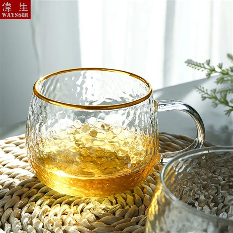 

Hammer Eye Style Glass Breakfast Water Cup Handle Design Gold Line Cappuccino Coffee Cup Colorful Transparent Crystal Tea Set