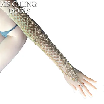 

Rhinestone Long Leaves Bracelet And Bangles With Ring Wedding Adjustable Arm Bracelets For Women Wedding Present