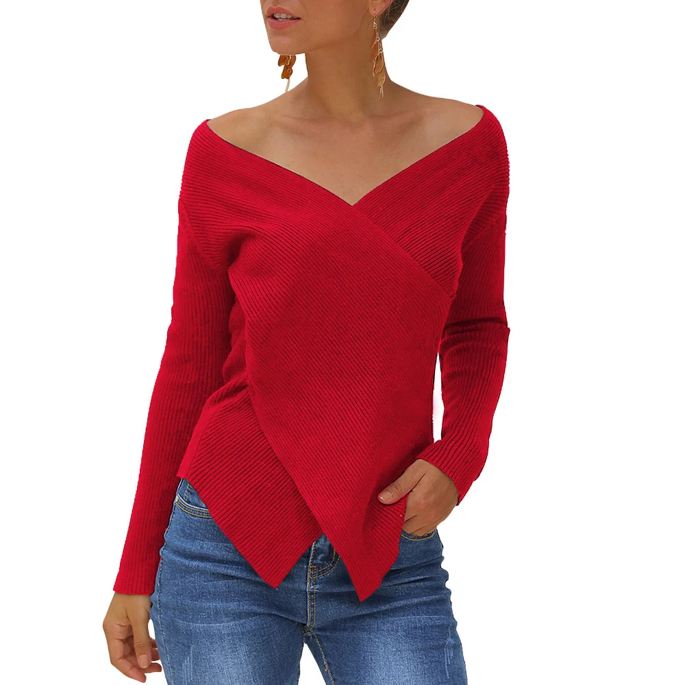 

2019 Basic V-Neck Solid Autumn Winter Sweater Pullover Women Female Knitted Sweater Slim Long Sleeve Sweater Cheap