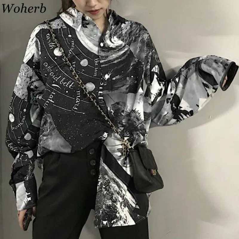 

Woherb Korean Vintage Long Sleeve Single Breasted Blouse Printed Casual Loose Tops Women BF Streetwear Shirts Fashion New 91713