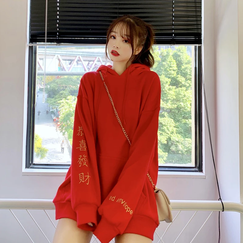 Ulzzang негабаритных осень зима красные толстовки женские с капюшоном Корейская одежда модные брендовые Кофты модные брендовые женские хипстерские