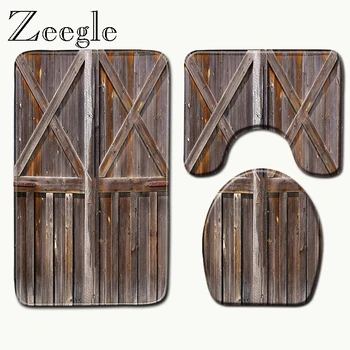 

Zeegle Wood Pattern Bath Mat Set 3pcs Toilet Rug Set Lid Toilet Cover Anti-slip Bathroom Shower Mat Bath Floor Rug Soft Foot Mat