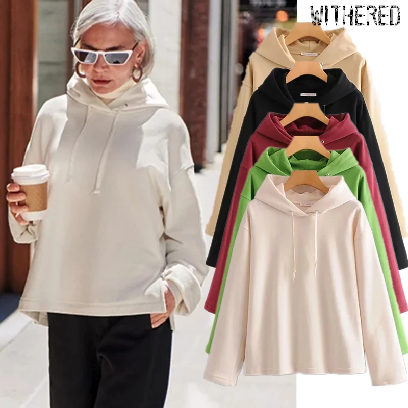 

Withered winter hoodies sweatshirt women england fashion blogger simple solid hooded forking cotton terry oversize loose hoodies