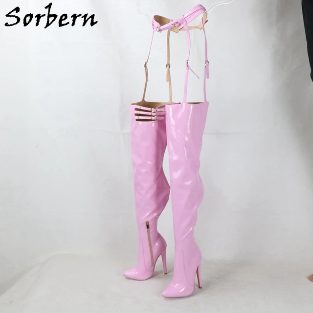 Sorbern Baby Pink Shiny Thigh High Boots