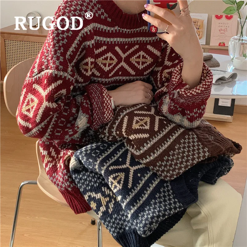 Женский вязаный свитер RUGOD винтажный пуловер в Корейском стиле размера плюс зима