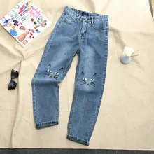 4XL милые женские джинсы с вышивкой в виде кота, женские джинсы с завышенной талией, джинсовые брюки для мамы, Женские джинсы-бойфренды