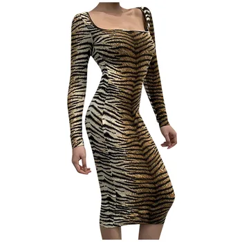 

Women Fashion Square Collar Animal Print Long sleeve Mid-Calf Dress Dropshipping 2020 winter fashion Retro trend size USA suppli