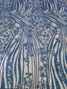 

newes style blue color freeshipping 5y newest style good looking 5 Yards/lot glitter lace fabric for wedding dress/party dress
