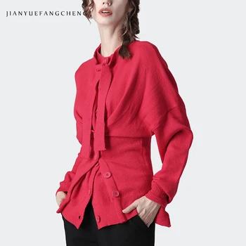 

Fashion Women Red Sweater Cardigans Double Layered Single-breasted Knitted Top Elegant Slim Ladies Fall Winter Viscose Sweaters