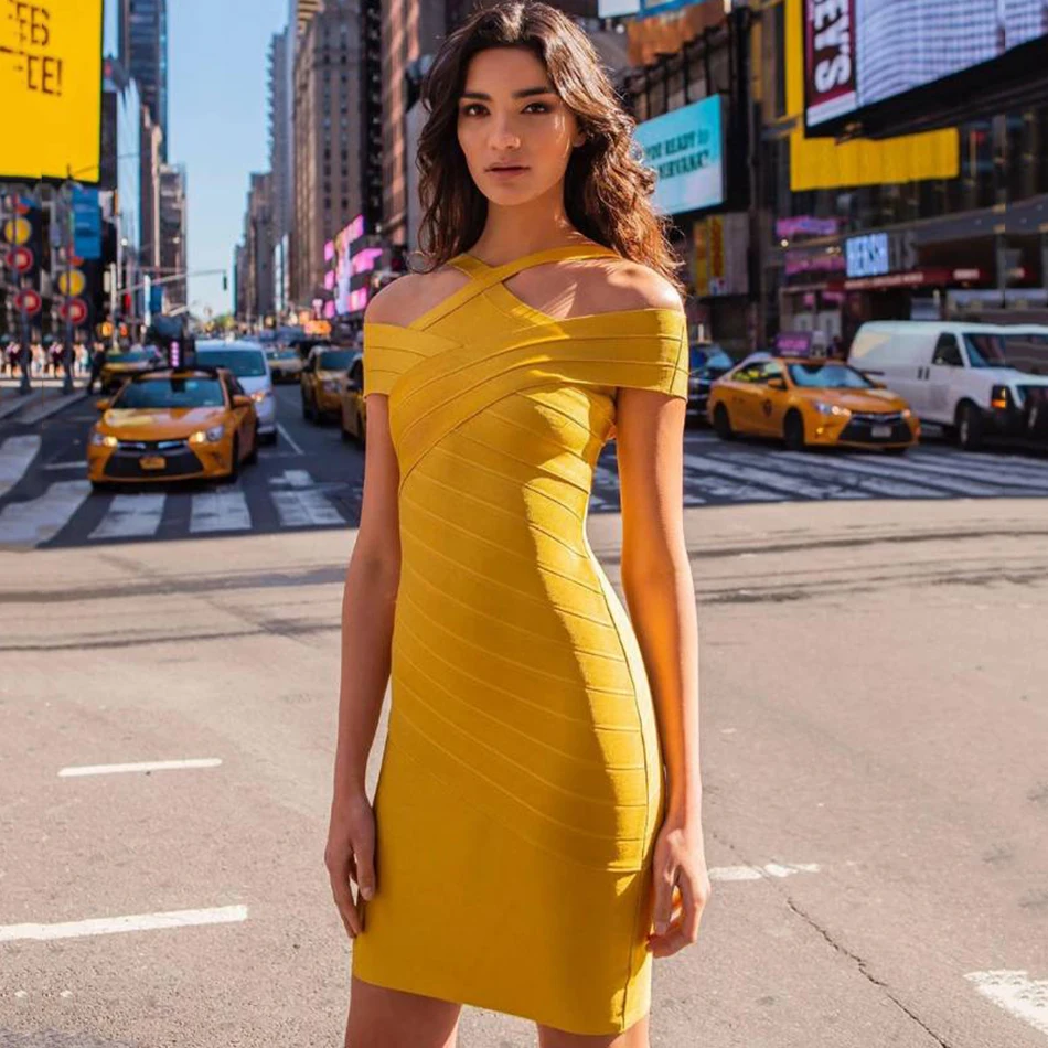 

Summer New 2020 Yellow Bandage Hanging Neck Dress Sexy Short Sleeve Off Shoulder Knee Dress Dress Club Party mini Dress Vestidos
