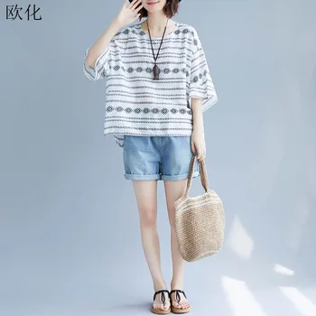 

2020 Summer Women Cotton T Shirt Plus Size Art Print Batwing Linen Tee Shirt Female Oversize Loose Tops 4XL 5XL Big Size Thin
