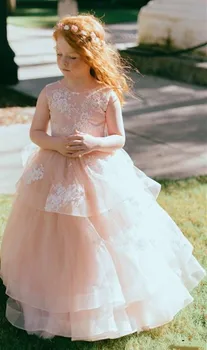 

Vintage Popular Tiered Tulle Flower Girl Dress with Lace Appliques Lace Up Keyhole Back Customized Kids Pageant Gowns Vestidos