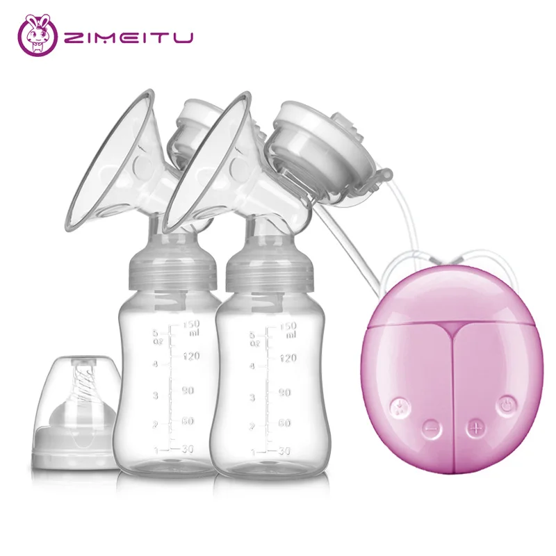 Pink ZIMEITU, двойные электрические молокоотсосы, мощный всасывающий USB Электрический молокоотсос с детским молоком, бутылочка для холодного тепла, Nippl - Цвет: Pink